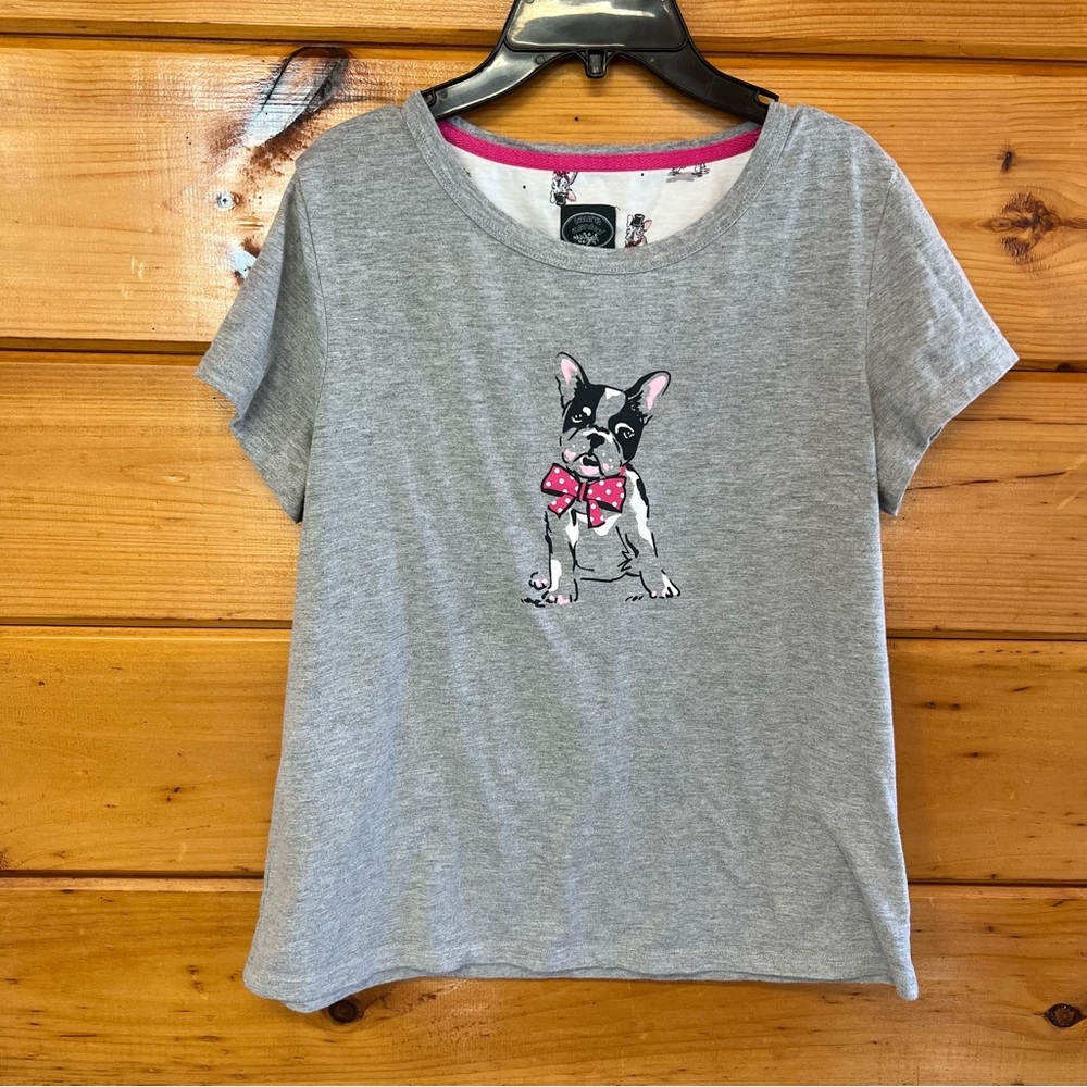 Laura Ashley Gray Top with French Bulldog Puppy Lover Print M